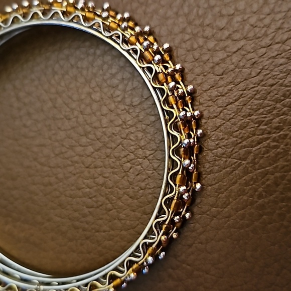 Vintage Dainty Brass Lace Beaded Stackable Bangle Bracelets - Picture 2 of 5